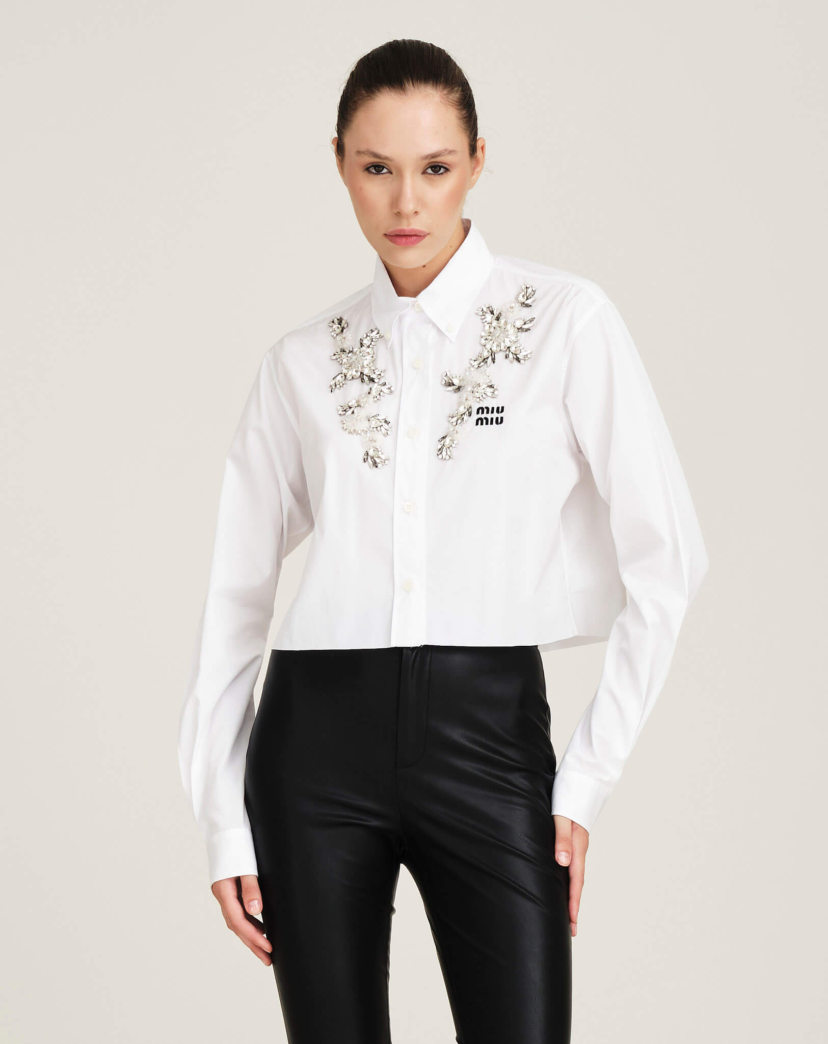 Miu Miu - Cropped Rhinestoned Cotton Shirt 38